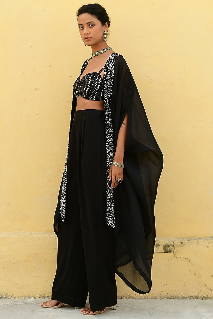 Black Organza Hand Embroidered Cape Set by Chamee and Palak at Pernia's Pop Up Shop