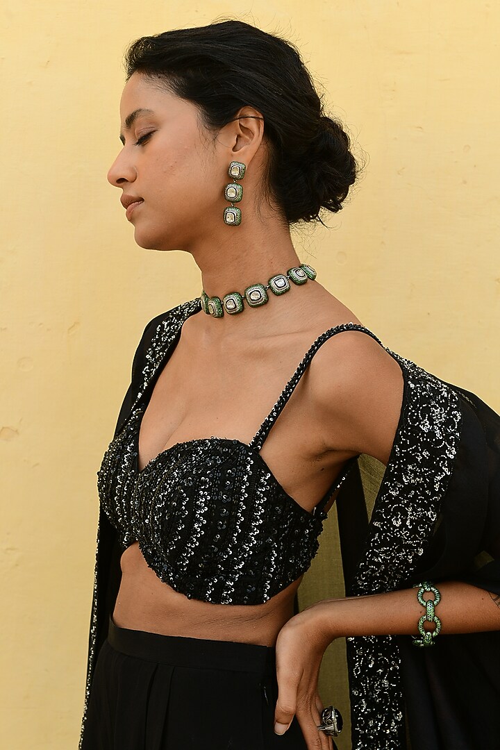 Black Organza Hand Embroidered Cape Set by Chamee and Palak at Pernia's Pop Up Shop