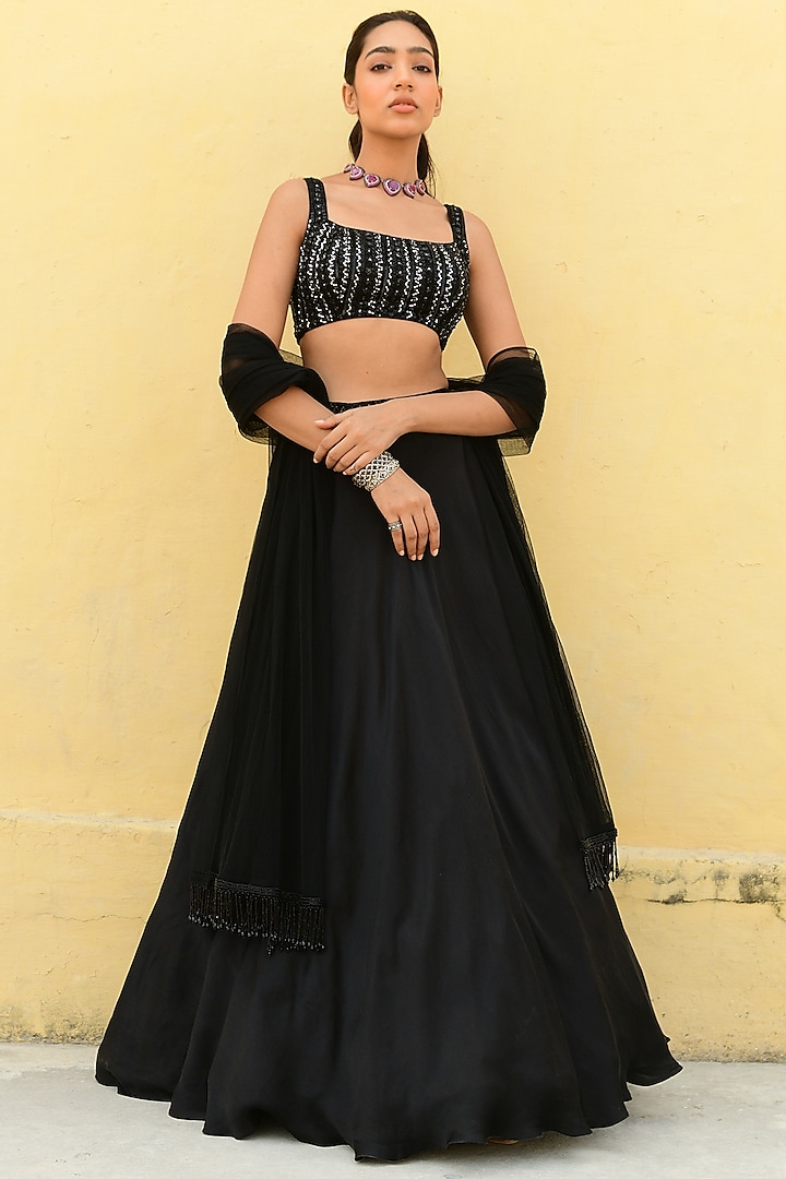Black Satin Hand Embroidered Lehenga Set by Chamee and Palak