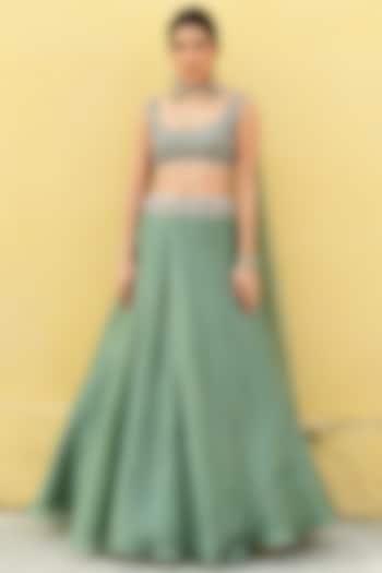 Green Organza Hand Embroidered Lehenga Set by Chamee and Palak