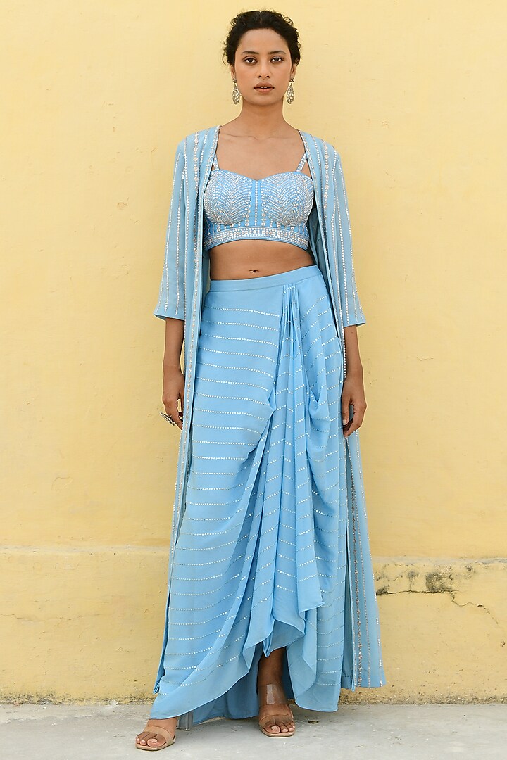 Blue Georgette Draped Skirt Set by Chamee and Palak