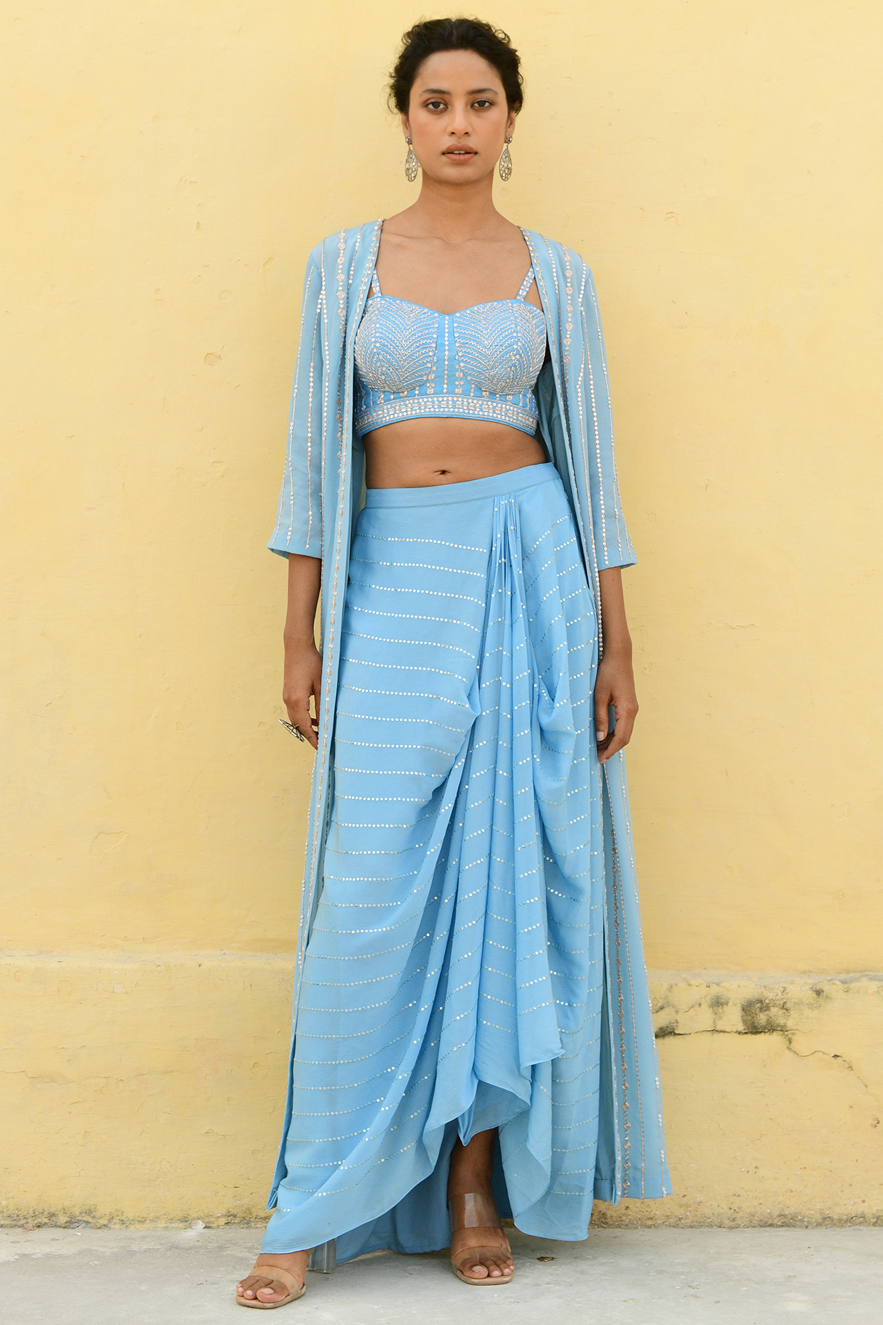 Blue Georgette Draped Skirt Set by Chamee and Palak