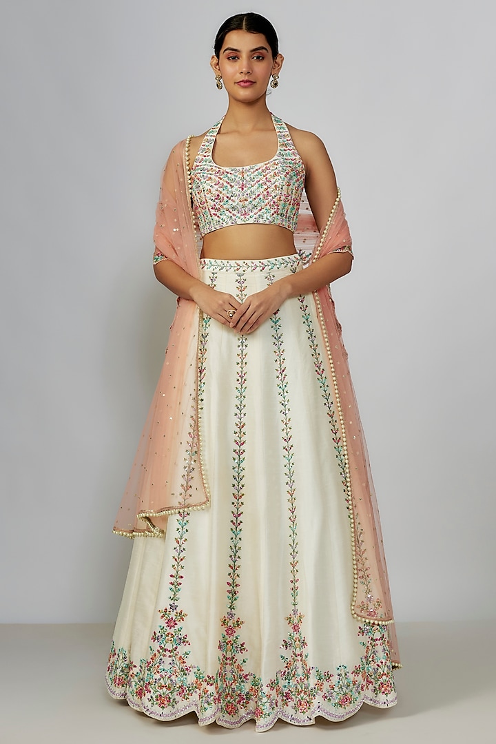 Ivory Dupion Silk Mirror & Resham Embroidered Lehenga Set by Chamee and Palak