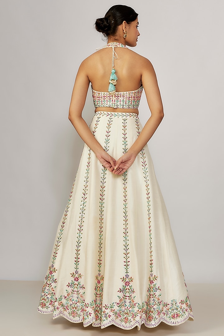 Ivory Dupion Silk Mirror & Resham Embroidered Wedding Lehenga Set by Chamee and Palak at Pernia's Pop Up Shop