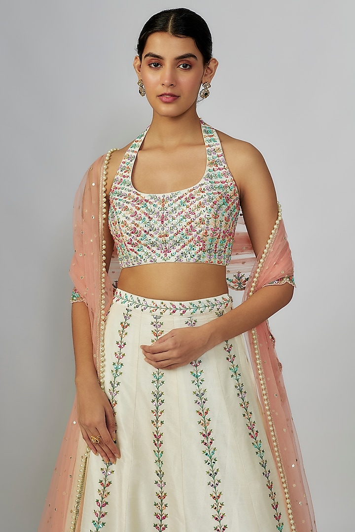 Ivory Dupion Silk Mirror & Resham Embroidered Wedding Lehenga Set by Chamee and Palak at Pernia's Pop Up Shop