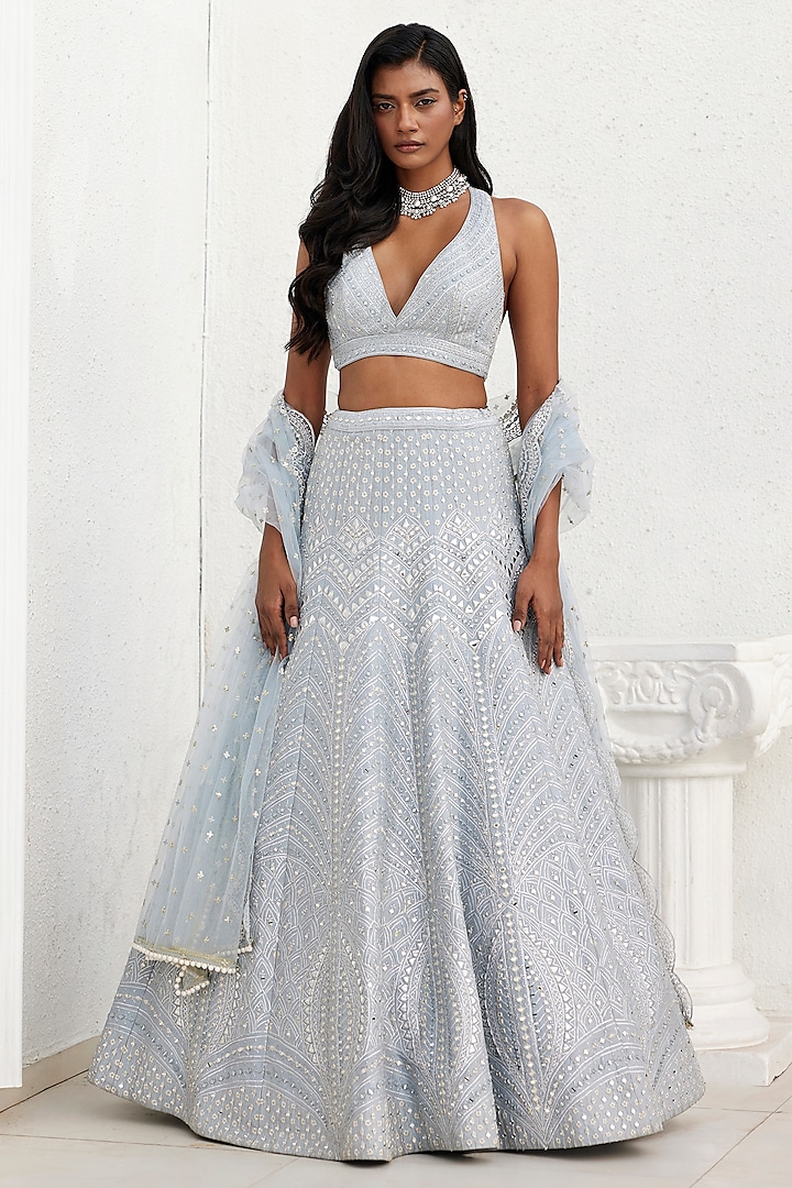 Grey Dupion Silk Mirror & Applique Embroidered Lehenga Set by Chamee and Palak