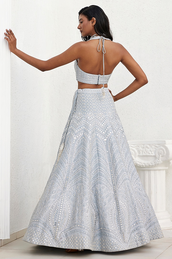 Grey Dupion Silk Mirror & Applique Embroidered Wedding Lehenga Set by Chamee and Palak at Pernia's Pop Up Shop
