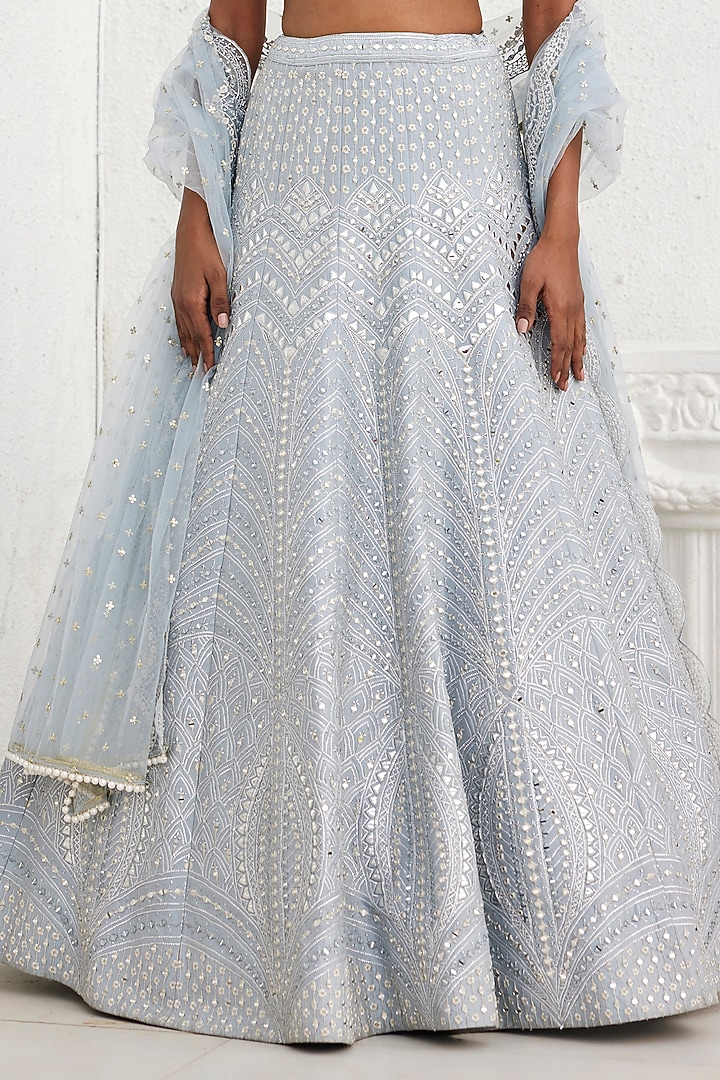 Grey Dupion Silk Mirror & Applique Embroidered Wedding Lehenga Set by Chamee and Palak at Pernia's Pop Up Shop