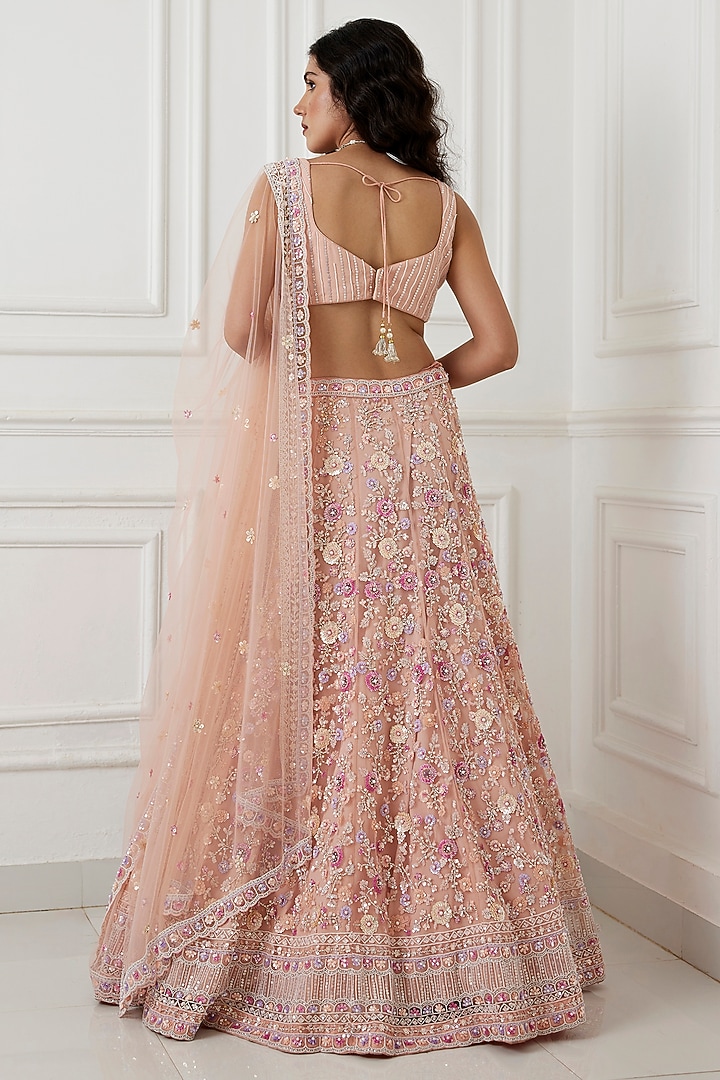 Dusty Peach Tulle Sequins Embroidered Bridal Lehenga Set by Chamee and Palak at Pernia's Pop Up Shop