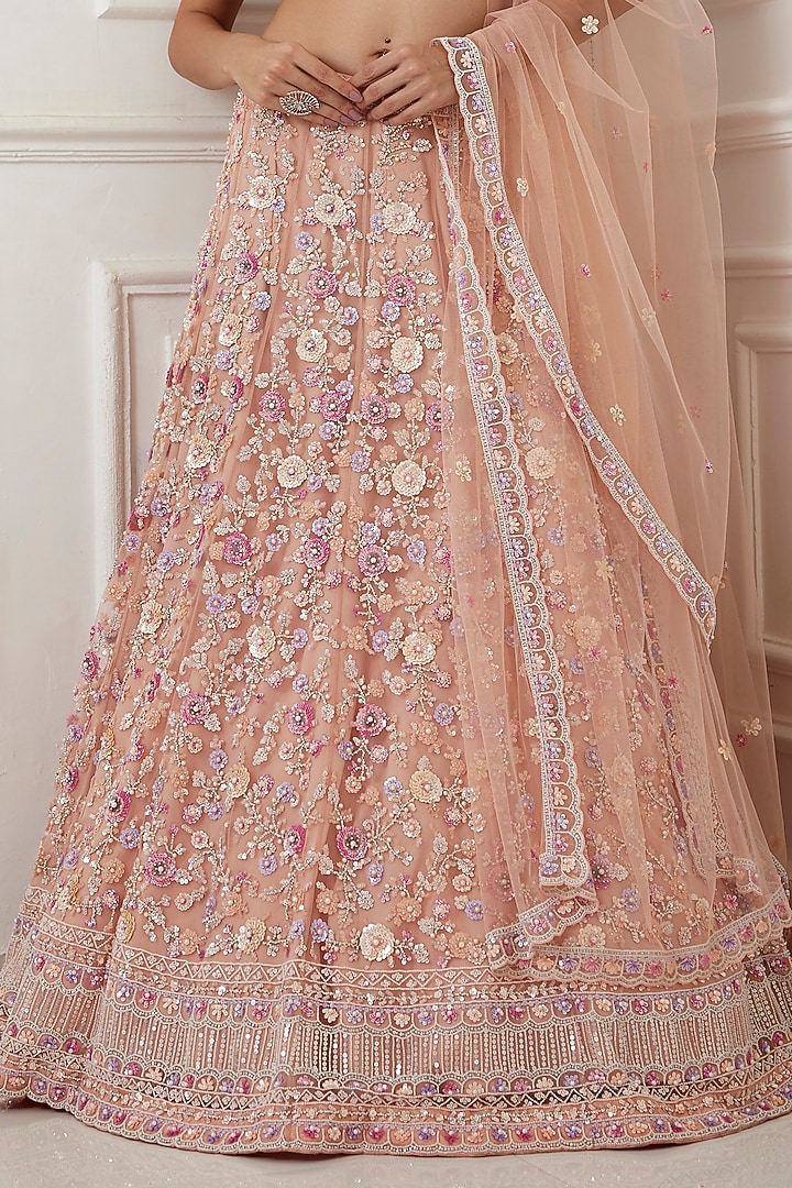 Dusty Peach Tulle Sequins Embroidered Bridal Lehenga Set by Chamee and Palak at Pernia's Pop Up Shop