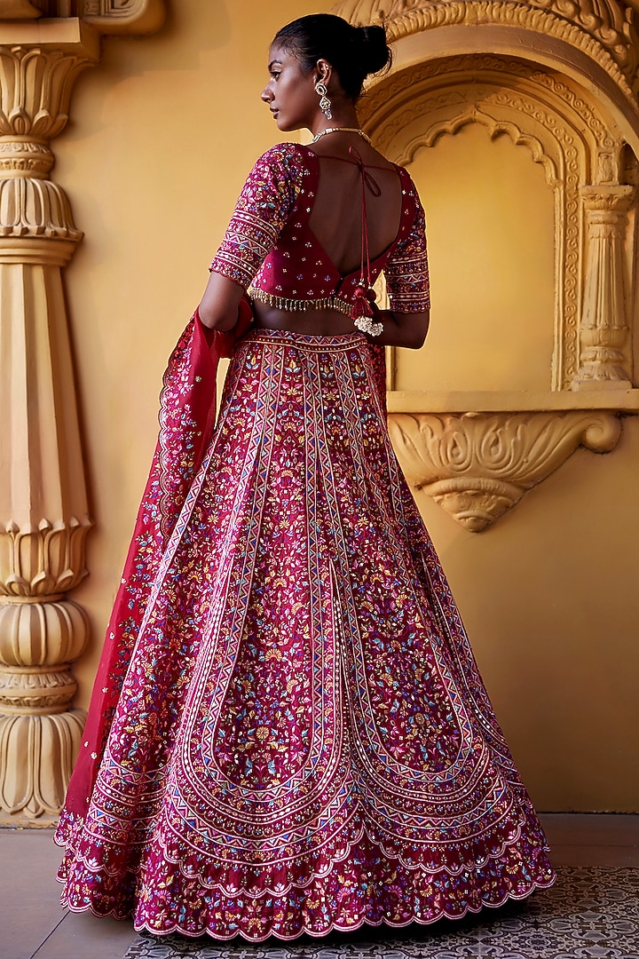 Deep Red Organza Thread Embroidered Flared Bridal Lehenga Set by Chamee and Palak at Pernia's Pop Up Shop
