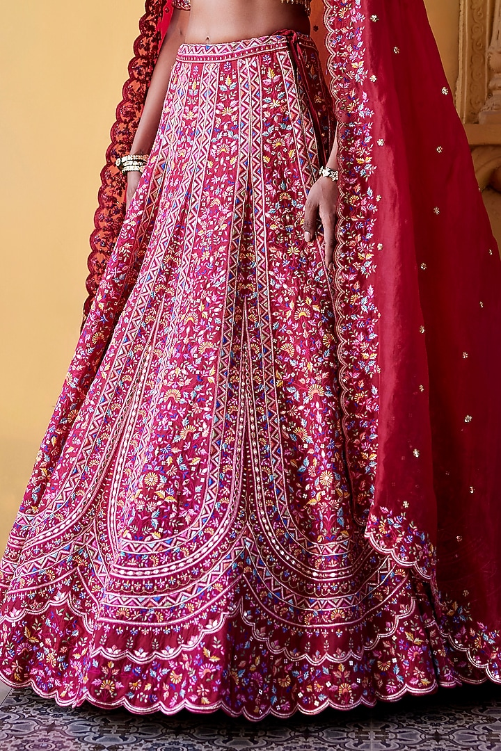 Deep Red Organza Thread Embroidered Flared Bridal Lehenga Set by Chamee and Palak at Pernia's Pop Up Shop