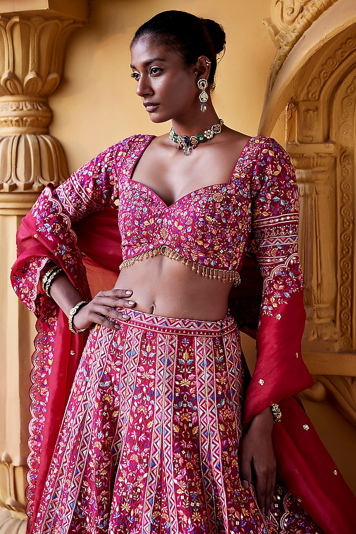 Deep Red Organza Thread Embroidered Flared Bridal Lehenga Set by Chamee and Palak at Pernia's Pop Up Shop