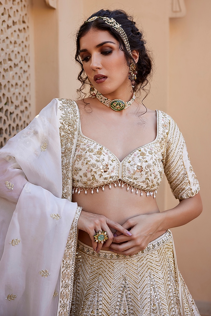 Ivory Raw Silk Kundan & Zardosi Embellished Bridal Lehenga Set by Chamee and Palak at Pernia's Pop Up Shop