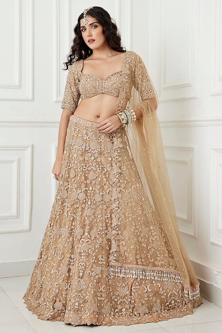 Gold Tulle Floral Embroidered Bridal Lehenga Set by Chamee and Palak at Pernia's Pop Up Shop
