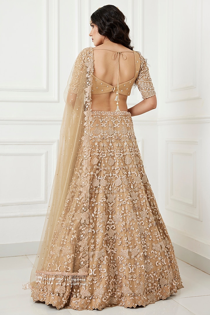 Gold Tulle Floral Embroidered Bridal Lehenga Set by Chamee and Palak at Pernia's Pop Up Shop