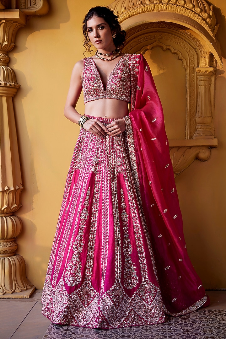 Pink Raw Silk Zardosi & Resham Embroidered Bridal Lehenga Set by Chamee and Palak at Pernia's Pop Up Shop