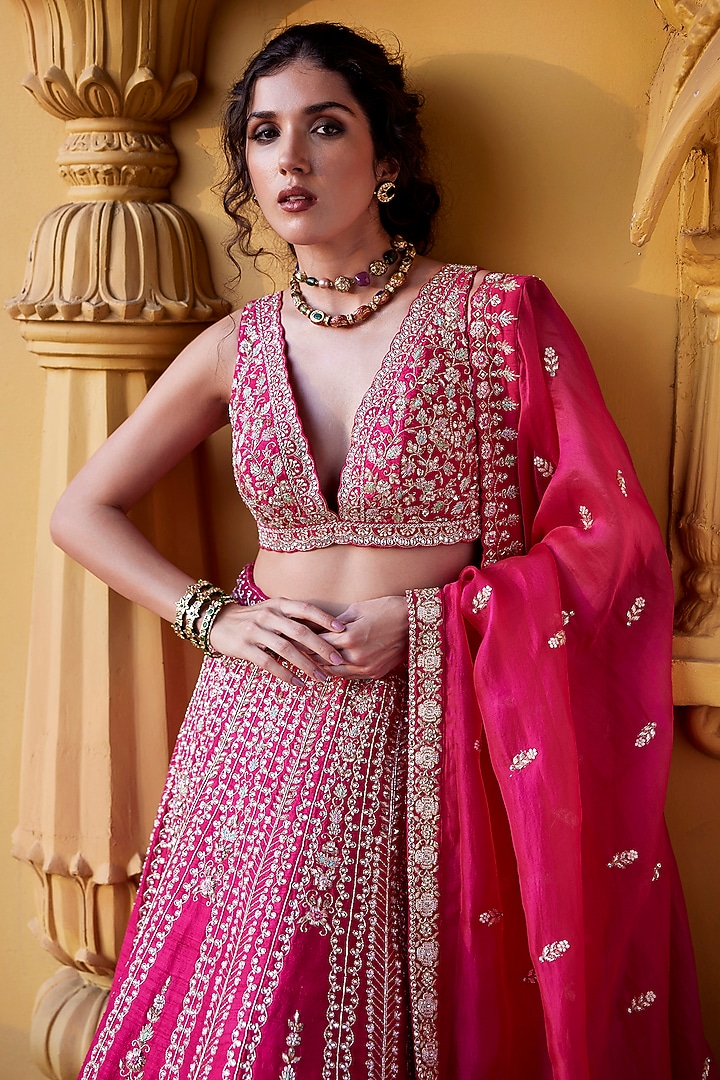 Pink Raw Silk Zardosi & Resham Embroidered Bridal Lehenga Set by Chamee and Palak at Pernia's Pop Up Shop