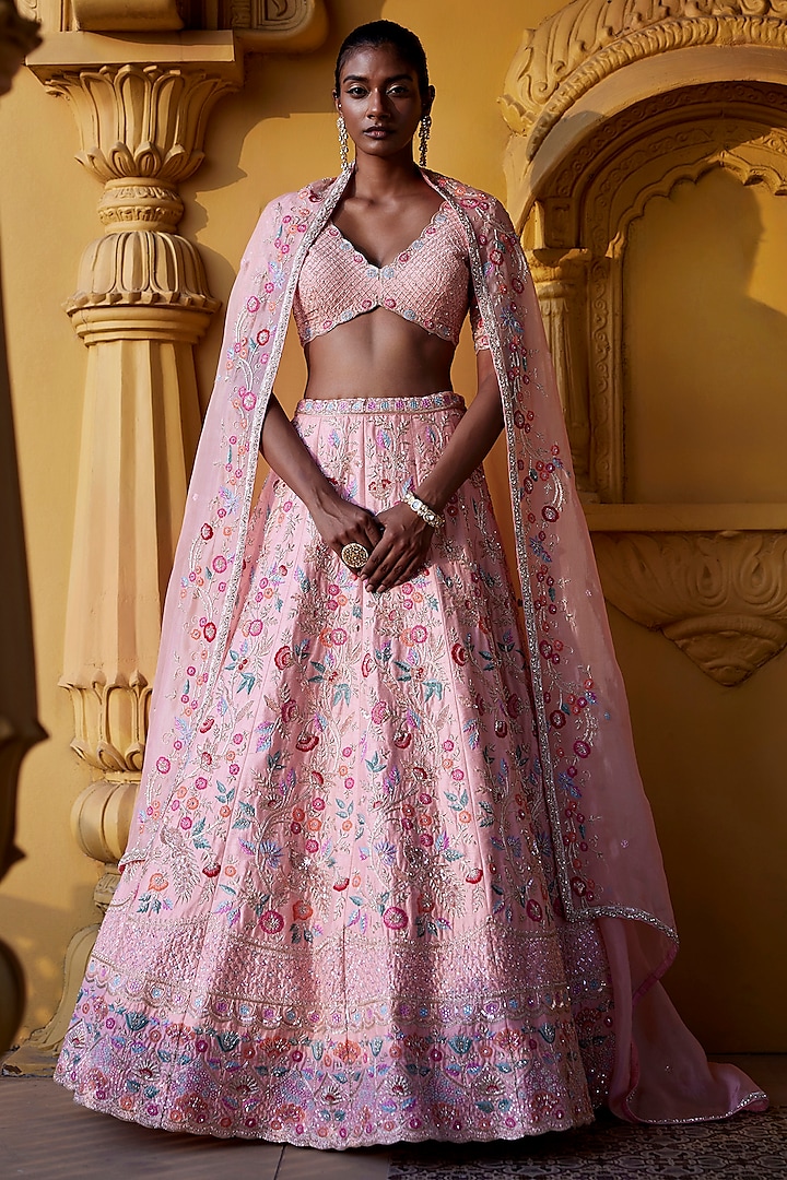 Light Peach Raw Silk Sequins & Zardosi Embroidered Bridal Lehenga Set by Chamee and Palak at Pernia's Pop Up Shop