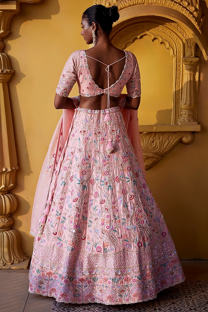 Light Peach Raw Silk Sequins & Zardosi Embroidered Bridal Lehenga Set by Chamee and Palak at Pernia's Pop Up Shop