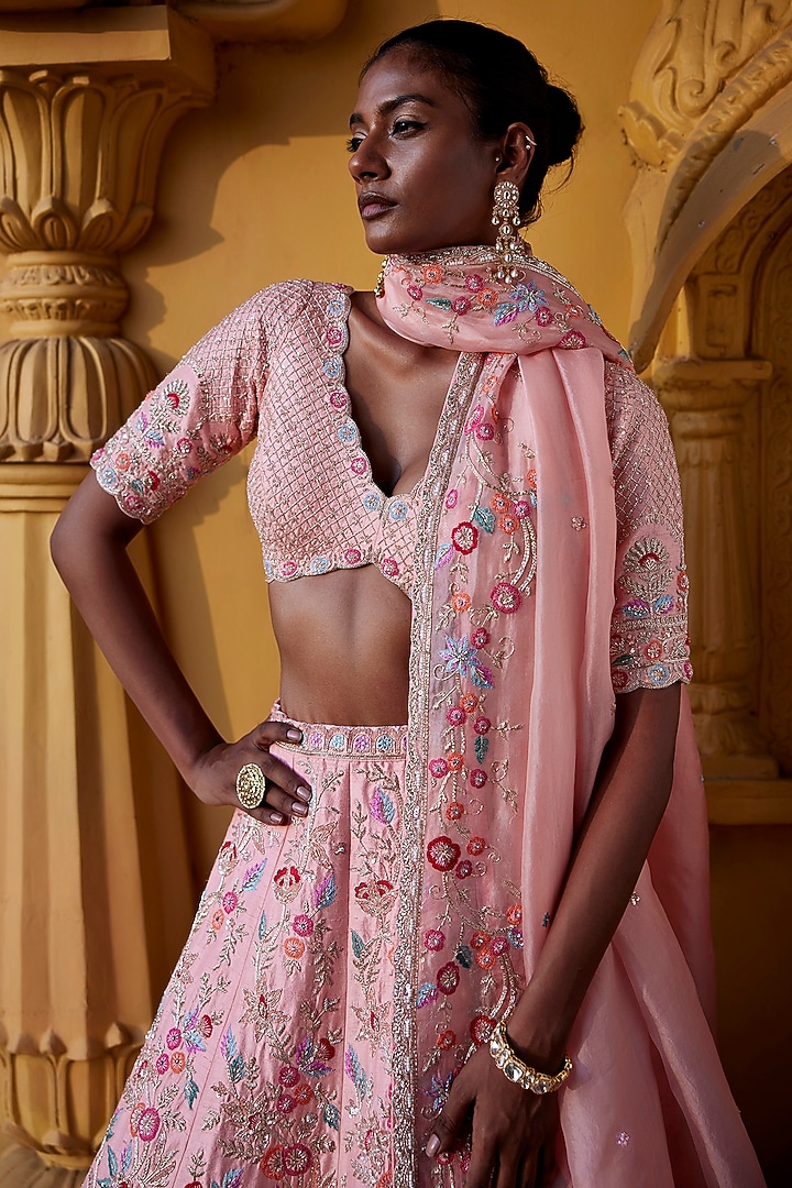 Light Peach Raw Silk Sequins & Zardosi Embroidered Bridal Lehenga Set by Chamee and Palak at Pernia's Pop Up Shop