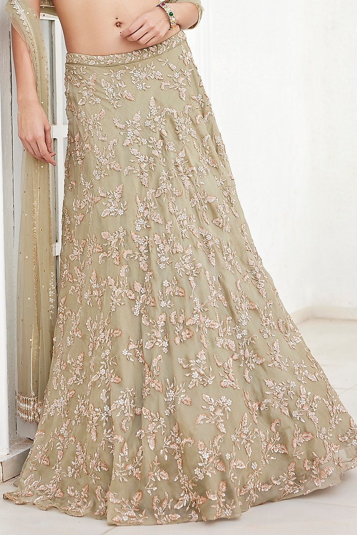 Dusty Green Organza Floral Embroidered Bridal Lehenga Set by Chamee and Palak at Pernia's Pop Up Shop