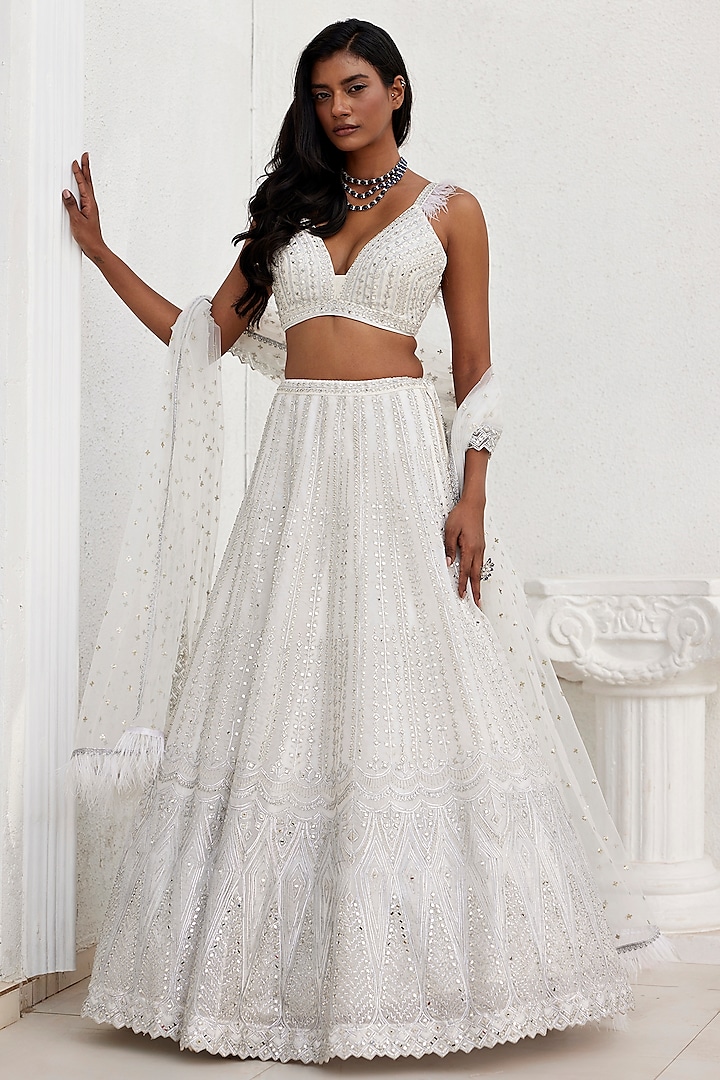 Ivory Organza & Silk Mirror Embroidered Wedding Lehenga Set by Chamee and Palak at Pernia's Pop Up Shop