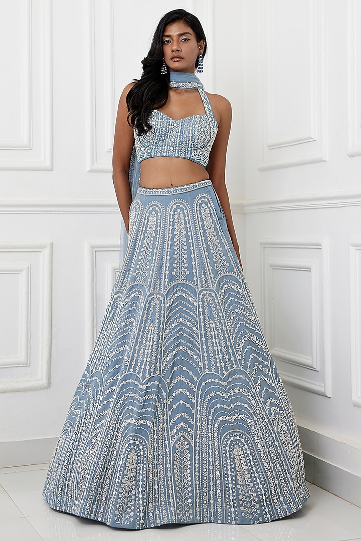 Grey Organza Glass Bead Embroidered Lehenga Set by Chamee and Palak