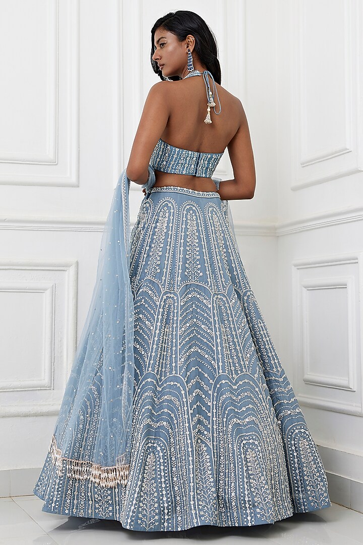 Grey Organza Glass Bead Embroidered Bridal Lehenga Set by Chamee and Palak at Pernia's Pop Up Shop