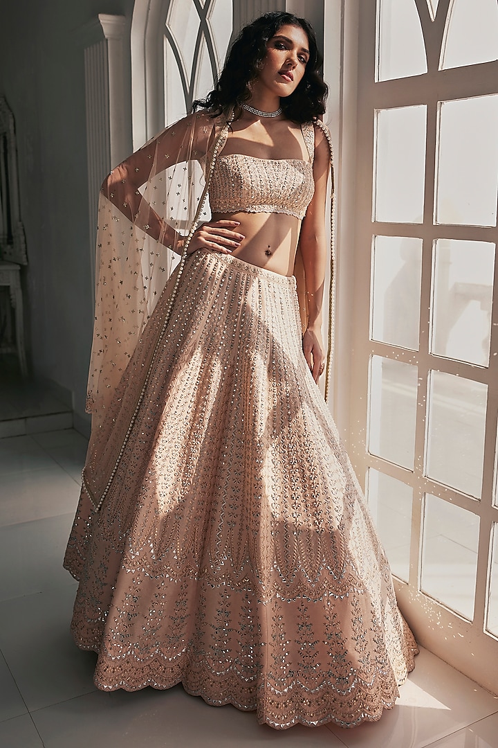 Dusty Peach Dupion Silk Mirror & Applique Embroidered Lehenga Set by Chamee and Palak