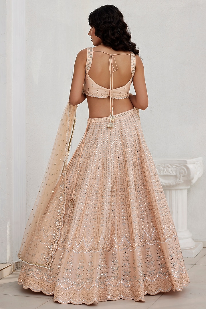 Dusty Peach Dupion Silk Mirror & Applique Embroidered Wedding Lehenga Set by Chamee and Palak at Pernia's Pop Up Shop