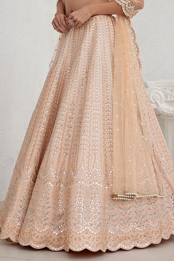 Dusty Peach Dupion Silk Mirror & Applique Embroidered Wedding Lehenga Set by Chamee and Palak at Pernia's Pop Up Shop