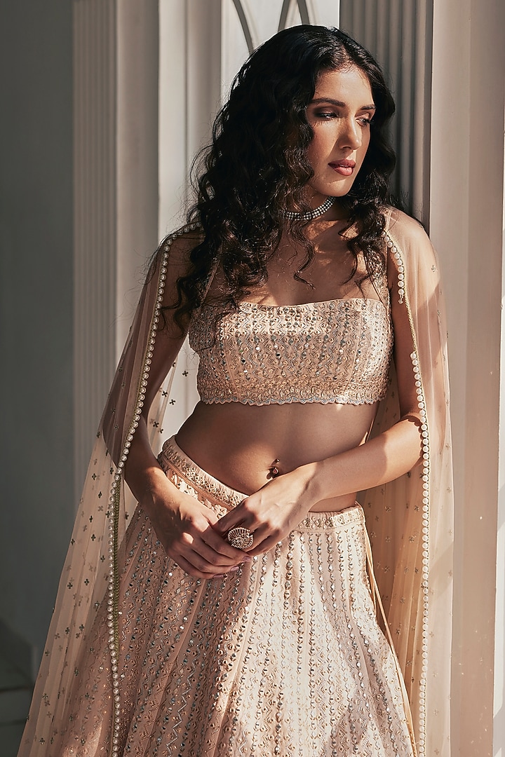 Dusty Peach Dupion Silk Mirror & Applique Embroidered Wedding Lehenga Set by Chamee and Palak at Pernia's Pop Up Shop