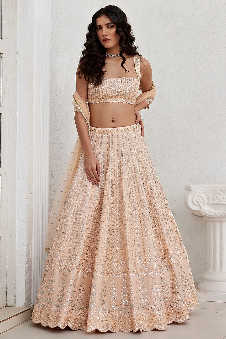 Dusty Peach Dupion Silk Mirror & Applique Embroidered Wedding Lehenga Set by Chamee and Palak at Pernia's Pop Up Shop