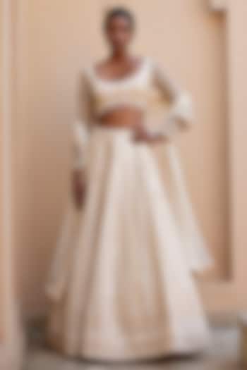 Ivory Raw Silk Glass Bead Embroidered Bridal Lehenga Set by Chamee and Palak at Pernia's Pop Up Shop