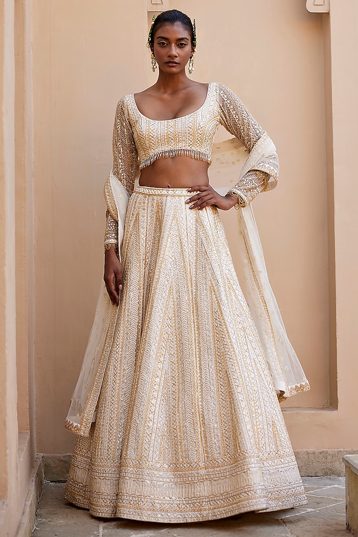 Ivory Raw Silk Glass Bead Embroidered Bridal Lehenga Set by Chamee and Palak at Pernia's Pop Up Shop