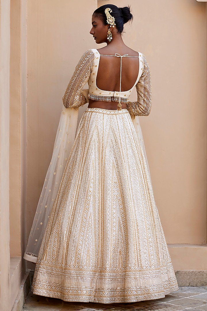 Ivory Raw Silk Glass Bead Embroidered Bridal Lehenga Set by Chamee and Palak at Pernia's Pop Up Shop
