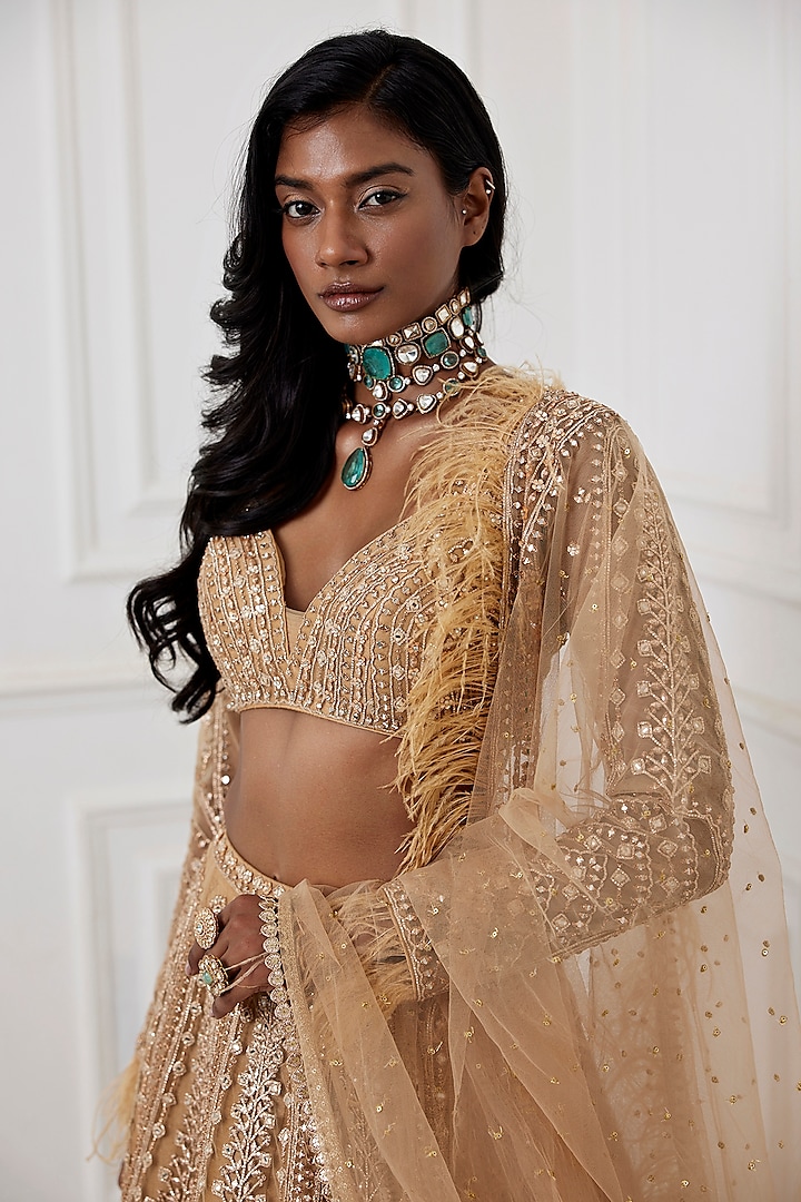 Gold Tulle Mirror & Zardosi Embroidered Bridal Lehenga Set by Chamee and Palak at Pernia's Pop Up Shop