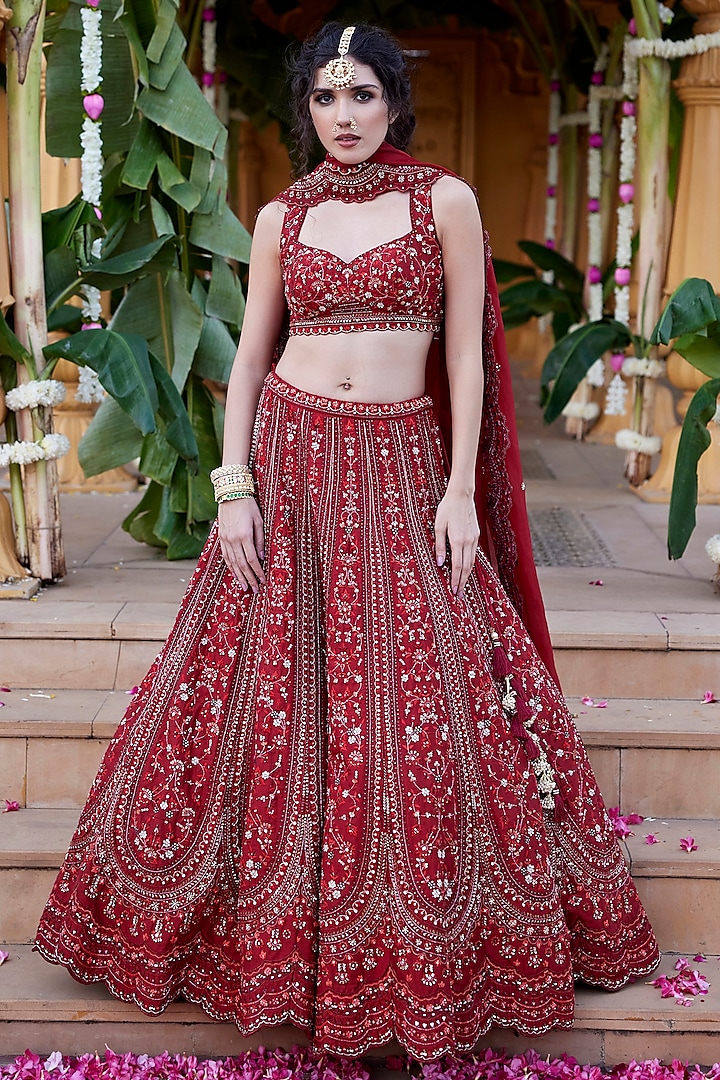 Deep Red Raw Silk Kundan & Zardosi Embellished Bridal Lehenga Set by Chamee and Palak at Pernia's Pop Up Shop