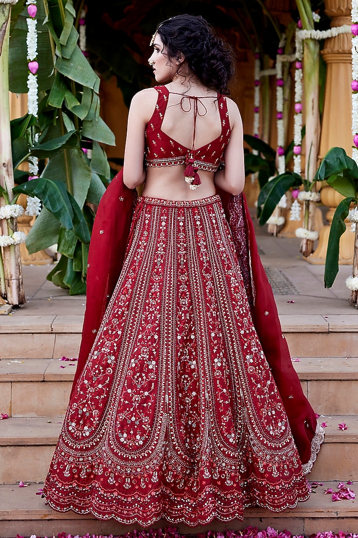 Deep Red Raw Silk Kundan & Zardosi Embellished Bridal Lehenga Set by Chamee and Palak at Pernia's Pop Up Shop