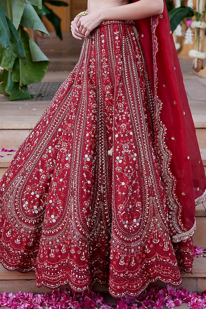 Deep Red Raw Silk Kundan & Zardosi Embellished Bridal Lehenga Set by Chamee and Palak at Pernia's Pop Up Shop