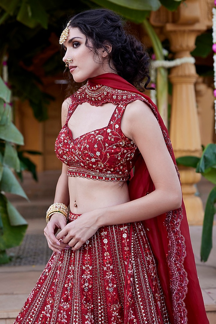 Deep Red Raw Silk Kundan & Zardosi Embellished Bridal Lehenga Set by Chamee and Palak at Pernia's Pop Up Shop