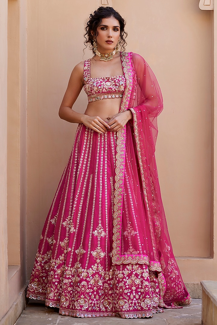 Pink Raw Silk Zardosi & Sequins Embroidered Bridal Lehenga Set by Chamee and Palak at Pernia's Pop Up Shop