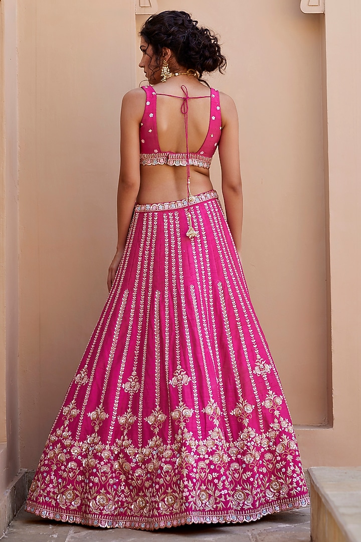 Pink Raw Silk Zardosi & Sequins Embroidered Bridal Lehenga Set by Chamee and Palak at Pernia's Pop Up Shop