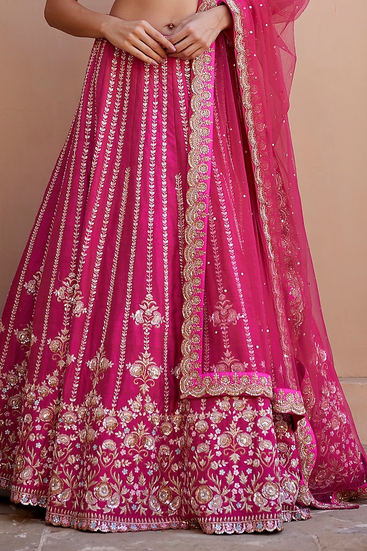 Pink Raw Silk Zardosi & Sequins Embroidered Bridal Lehenga Set by Chamee and Palak at Pernia's Pop Up Shop
