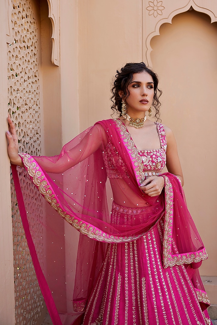 Pink Raw Silk Zardosi & Sequins Embroidered Bridal Lehenga Set by Chamee and Palak at Pernia's Pop Up Shop