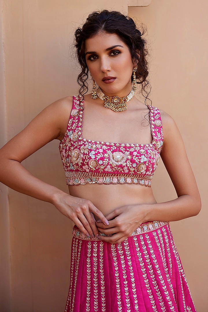 Pink Raw Silk Zardosi & Sequins Embroidered Bridal Lehenga Set by Chamee and Palak at Pernia's Pop Up Shop