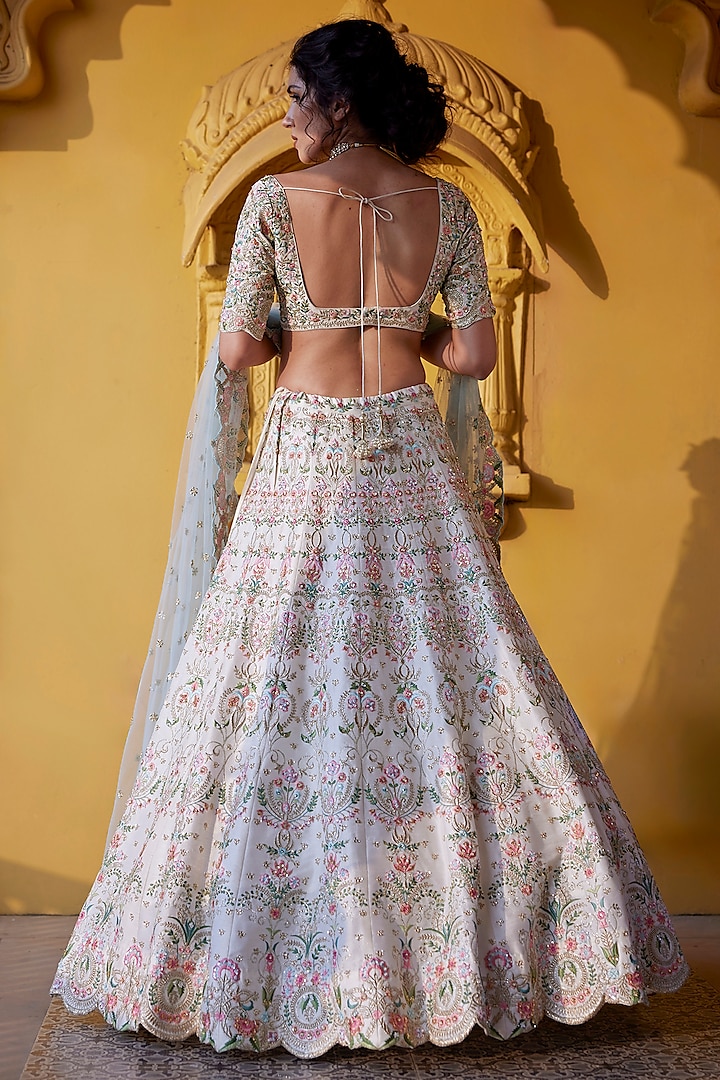Ivory Dupion Silk Resham & Kundan Embroidered Bridal Lehenga Set by Chamee and Palak at Pernia's Pop Up Shop