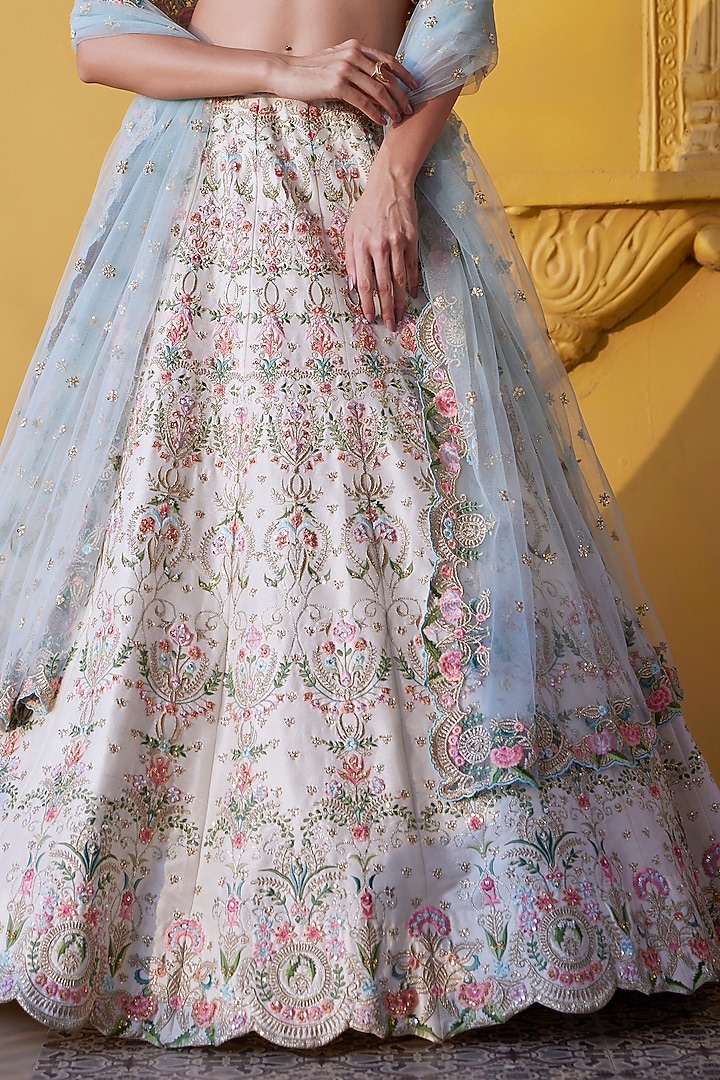 Ivory Dupion Silk Resham & Kundan Embroidered Bridal Lehenga Set by Chamee and Palak at Pernia's Pop Up Shop