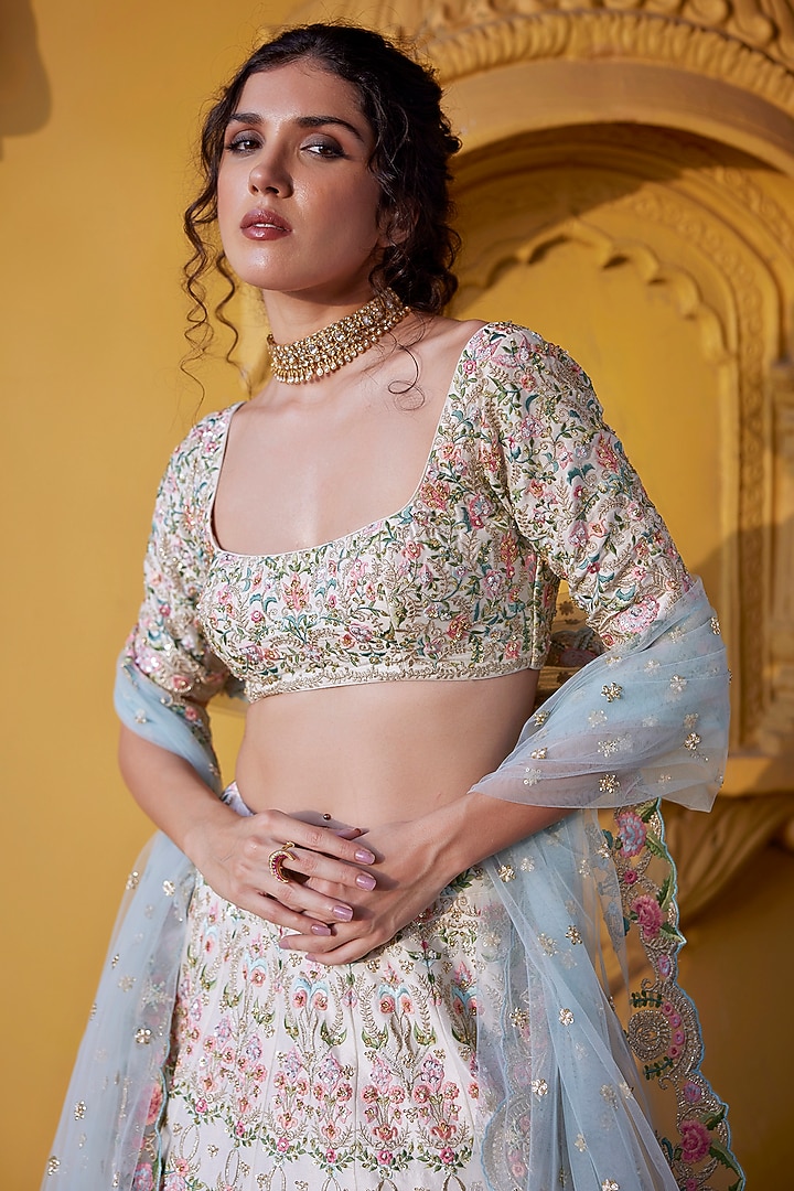 Ivory Dupion Silk Resham & Kundan Embroidered Bridal Lehenga Set by Chamee and Palak at Pernia's Pop Up Shop